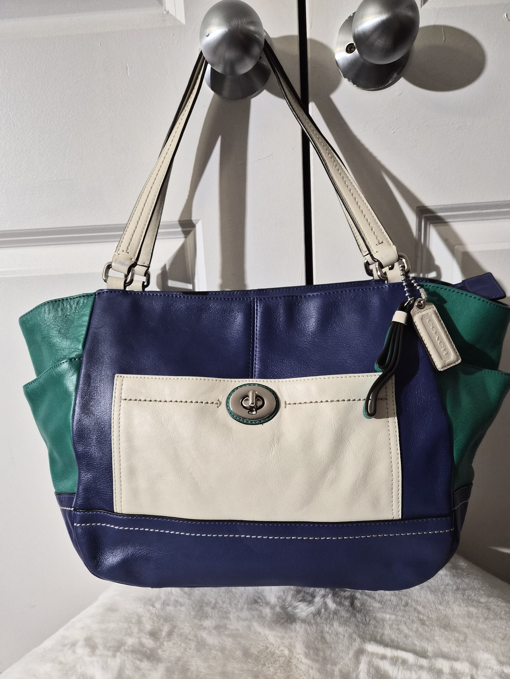 Coach Colorblock Leather Shoulder Tote in Navy, Green & Cream